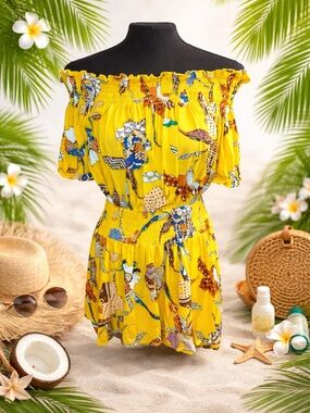 Yellow Off Shoulder Smocked Boho Top | Tropical Print Summer Blouse | Plus Size